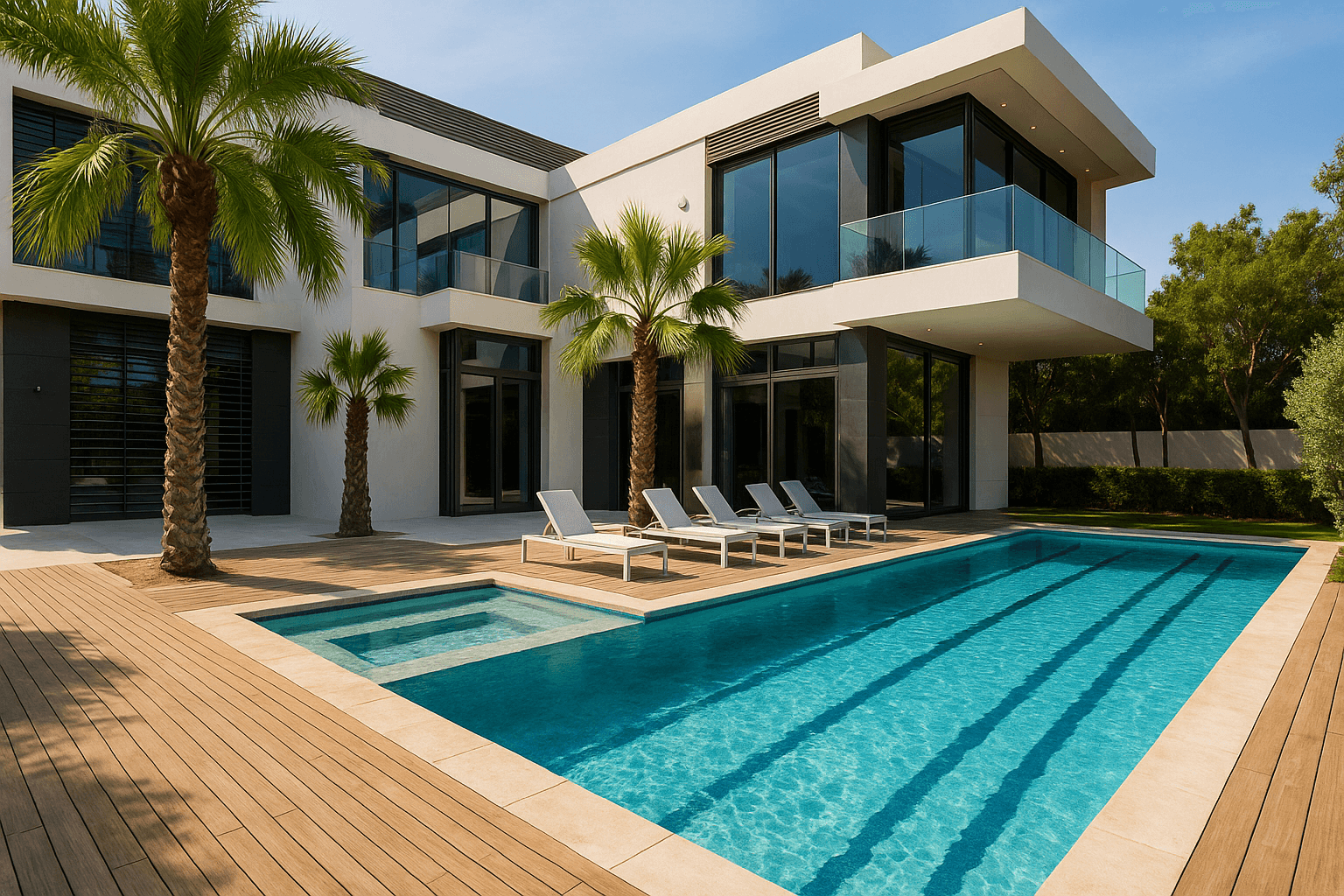 Modern rectangular pool beside a contemporary home with palm trees