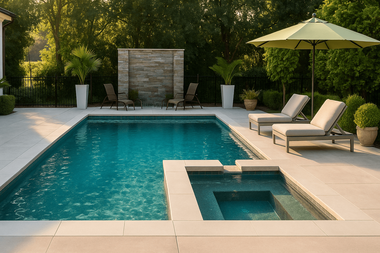 Backyard pool with attached spa, umbrella, and lounge chairs