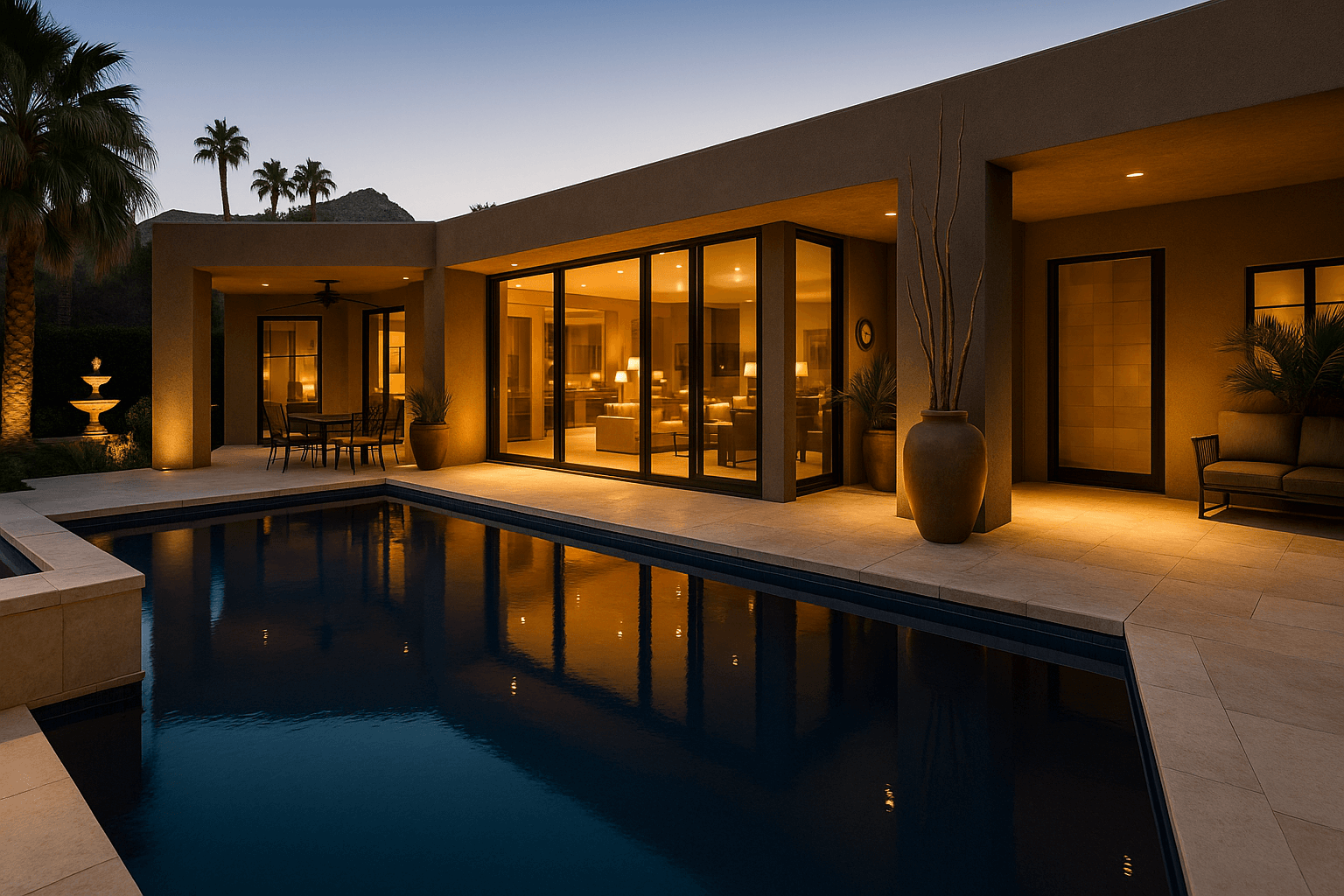 Residential pool at night reflecting warm house lights