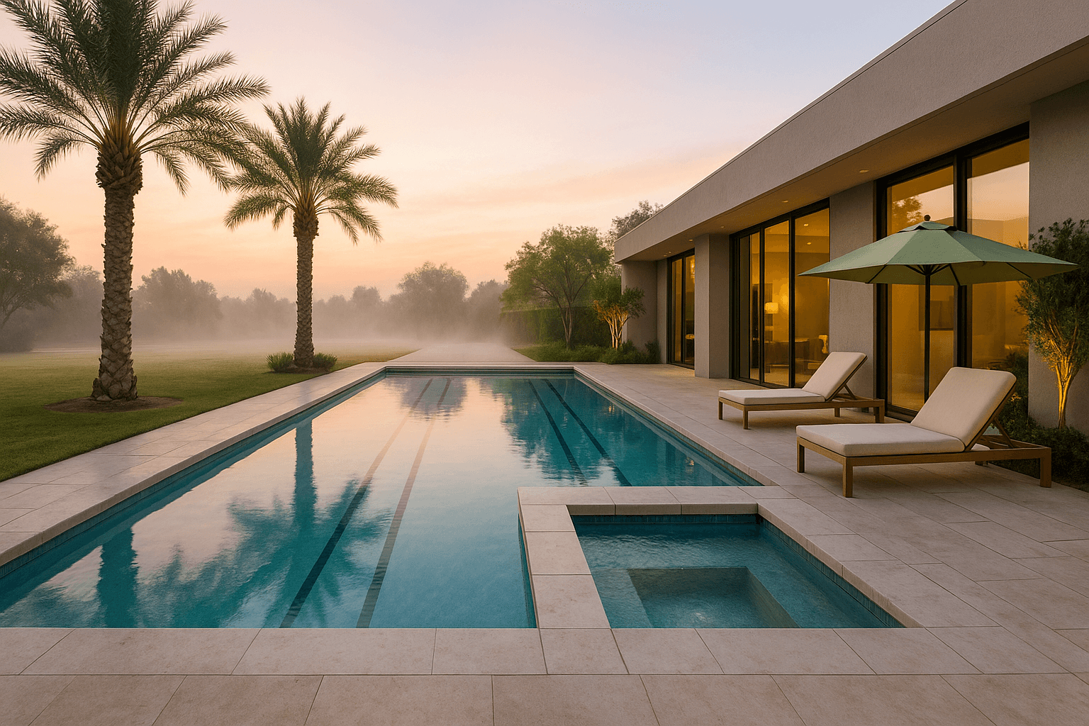 Backyard pool and raised spa at dusk with lounge chairs