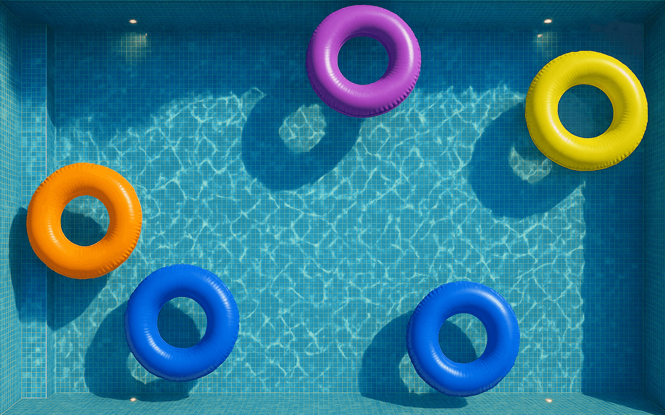 Colorful pool floats on clear blue pool water seen from above